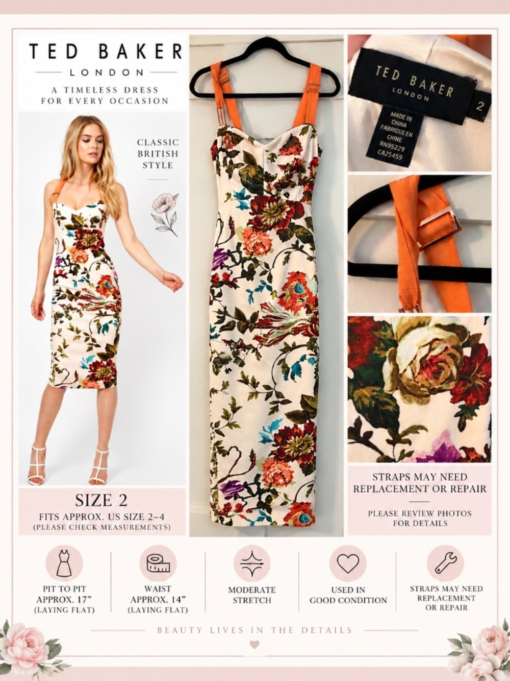Ted Baker London Floral Midi Dress – Ted Size 2 / US Size 6